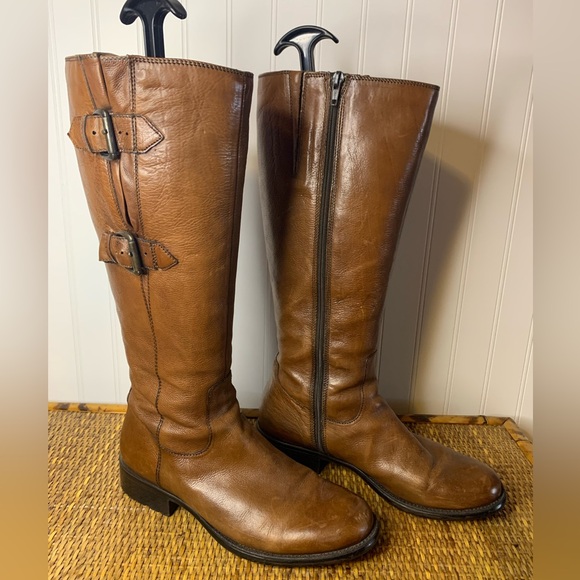 Clarks Women’s 9 Mullin Spice Tan Leather Buckle Knee High Moto Riding Boots - Picture 1 of 15